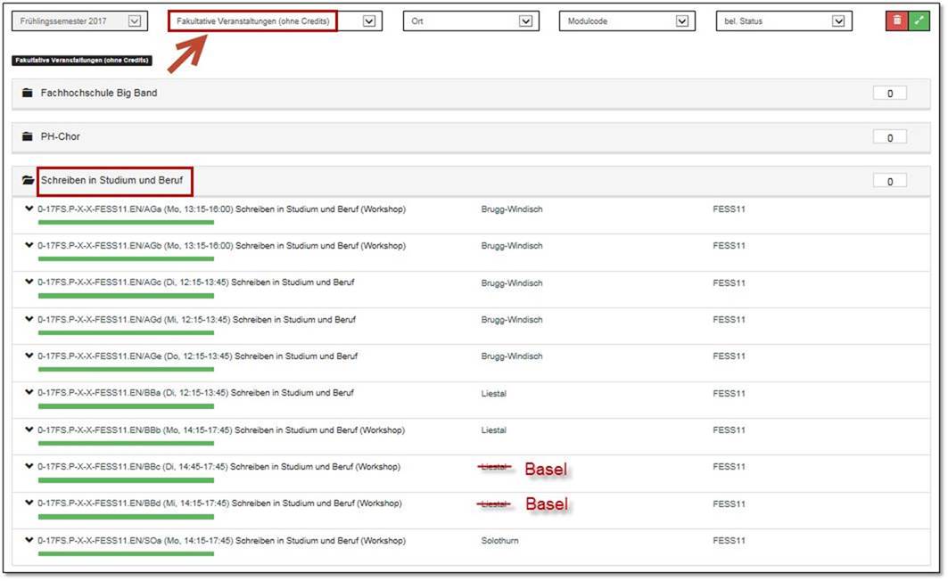 --- Screenshot ESPortal der PF FHNW: Wo sind die Modulanlässe «Schreiben in Studium und Beruf» zu finden? ---